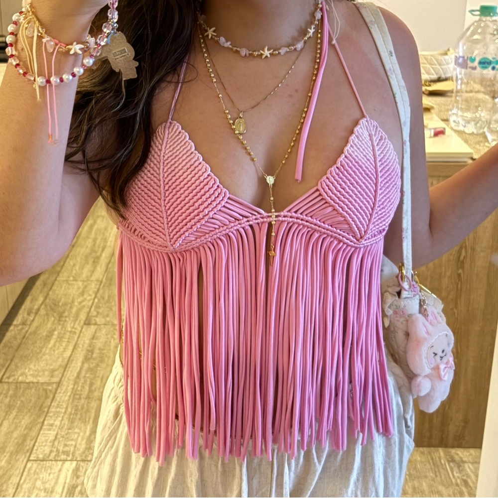 Pink Fringe Crochet Halter Top